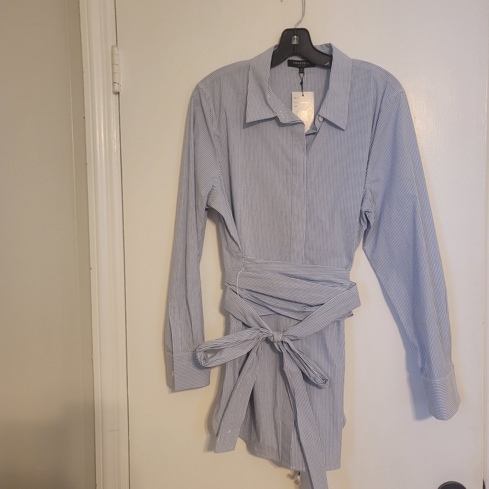 Lafayette 148 New York Blue Button Down Tunic Shirt 100% Cotton NEW WITH TAGS XL